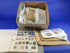 Box of Stamps including stamp album, first day covers, postcards etc