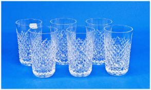Waterford Fine Quality Cut Crystal Set Of Six Large Tumblers. `Alana` pattern. Waterford marks to