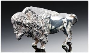 An Unusual Realistic Silver Model Of A Bison Standing On All Fours unmarked but tests silver.