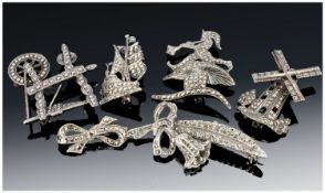 Collection Of Six Silver & Marcasite Set Brooches, Modelled In The Form Of A Galleon, Windmill,