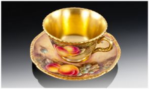 Royal Worcester Handpainted Cup & Saucer. Peaches, berries & grapes still life fruit study. Signed