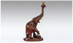 Carved Wooden Table Lamp, Modelled In the Form Of An Elephant, Height 18 Inches.