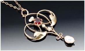 9ct Gold Pendant, Edwardian Style Garnet And Seed Pearl Openwork Pendant, Suspended On A Fine Link