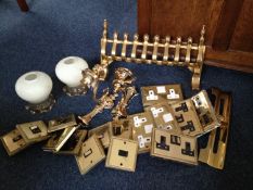 Collection of Brass Household Items comprising brass fireguard, two brass wall lights with shades