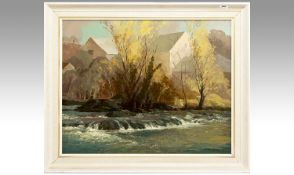 Thomas Bradley (1899-1993) Oil on Board, River scene with a small mill  race and with large stone