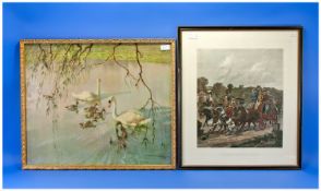 Two Framed Prints. 1. Returning From The Derby 2. Swans on Lake by Vernon Ward.