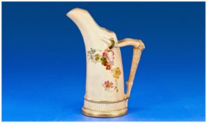 Royal Worcester Handpainted Blush Ivory Vase / Jug, horn shaped handle. Date 1900, 6.5 inches high