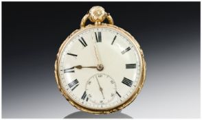 18ct Gold Open Face Pocket Watch, White Enamelled Dial With Roman Numerals And Subsidiary Seconds,