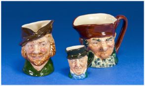 Royal Doulton Minature Character Jugs, 3 in total. A. Robin Hood D6252, B. Old Charley D6791, C.