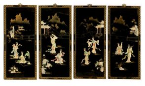 Early 20th Century Chinese Set of Four Black Lacquered and Gold Wood Wall Panels depicting maidens