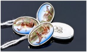 Gents Set Of Silver Cufflinks, Of Oval Form With Chain Links, The Fronts Showing Jockeys On