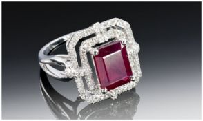 14ct White Gold Ruby & Diamond Ring, Set With An Emerald Cut Ruby (Estimated Weight 4.00ct)