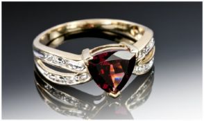 9ct Gold Gem Set Ring, Central Garnet Set Between Diamond Chip Shoulders. Fully Hallmarked, Ring