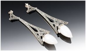 Pair Of Long Drop Silver Marcasite Earrings