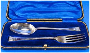 Edwardian Silver Christening Set with original box, velvet interior. Hallmark Sheffield 1910. 65.6