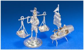 Two Various Chinese White Metal Miniature Items comprising sampan and male figure carrying a pole