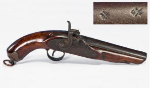 English, 19th Century Percussion Pistol, with oak full stock. Mark to barrel. 13.5 inches in