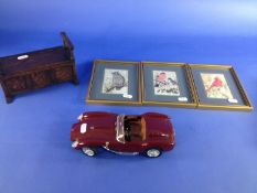 Box Containing Three Silk Embroided Bird Pictures, framed, a precision made model of a 1958 Ferrari