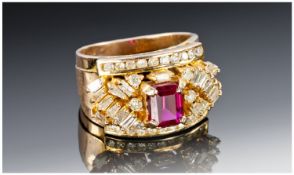 18ct Gold Diamond & Ruby Cluster Ring, Set With A Central Emerald Cut Ruby Surrounded By Round