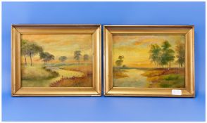 Pair of Oils on Canvas, primitive summer sunset landscapes, one signed T.F.Hayes, bottom left; gilt