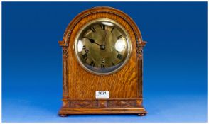 Oak Cased Break Arch Mantle Clock Chiming Mantle Clock, Brass Dial With Roman Numerals, Marked