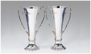 Art Nouveau Fine Pair Of Two Handled Silver Vases. Sinuous Handles With Leaf Terminals, Hallmarked