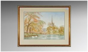 Eric Wheelhouse Framed Watercolour, Salisbury Cathedral, Rivers Edge. Signed And Dated 1988. 14 x