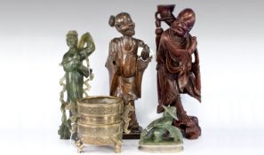 Collection Of Oriental Items, Comprising Two Wooden Carvings, Two Soapstone Carvings And A Brass