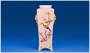 Royal Worcester Twin Mask Handle Pink Vase Circa 1880`s. Decorated with Hand PAinted Images of