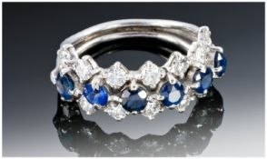 Sapphire And Diamond Dress Ring, Set With Two Rows Of 14 Round Modern Brilliant Cut Diamonds