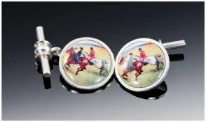 Pair Of Gents Of Silver Cufflinks, The Fronts With Scenes Of Horses And Riders.