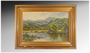 E.C.Hamblin 19th Century British Artist, River Scene figures on a riverbank, mountains in distance.