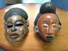 Two African Style Wall Masks, Painted And Inlaid Decoration. Height Approx 12 Inches.