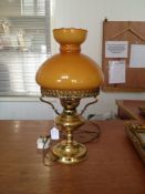 Brass Oil Lamp With Amber Coloured Glass Shade