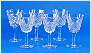 Waterford Fine Quality Cut Crystal Set Of Six Wine Glasses `Alana` Pattern. Waterford marks to