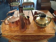 Small Collection of Brass and Copper Ware, comprising copper kettle, conical jug, planished two