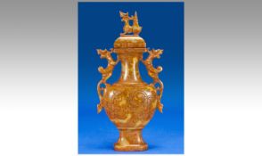 Chinese, Hand Carved, Two Tone Lidded, Two Handled Jade Vase, with scrolling mythical animal