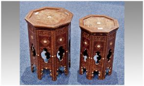 Two Oriental Octagonal Occasional Tables, decorated all over with shallow carving & mother of pearl