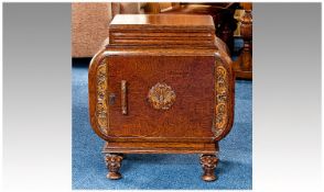 Small 1930`s Oak Side Cabinet / TV Stand, door opening to reveal two internal drawers and shelf.