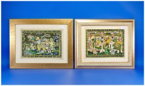 2 x Original Indian Paintings on Silk, both 11 inches x 8 inches