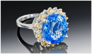 Sterling Silver Dress Ring, Set With A Large Oval Cut Blue Quartz, Approx 10.00cts. Ring Size N.