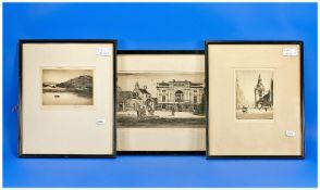 Three Framed Etchings By Robert Houston.  `Evening, Inveraray`, `The Tron Steeple` & `The Court