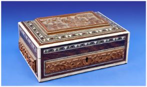 Anglo Indian Carved Wooden Cigarette Case, With Ivory Inlay.