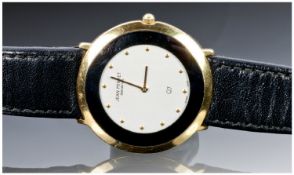 Jean Perret Gents Slim Line Wristwatch, supported on a black leather strap.