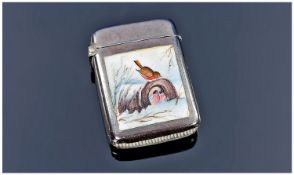 Victorian Silver Enamelled Vesta Case, The Front Showing An Image Of Three Robins In A Snowy