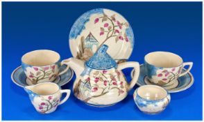 Clarice Cliff Hand Painted Art Deco 8 Piece Tea Service For Two. `Japan` blue pattern. Circa 1933.