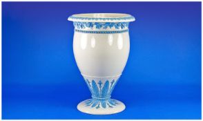 Large Wedgwood Vase, In Cream Ground With Powder Blue Acanthus And Grape Vine Raised Decoration.