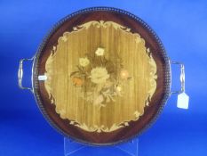Italian Inlaid Tea Tray, of circular form, the centre inlaid with floral marquetry, pierced brass