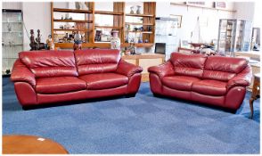 Contemporary Two Piece Red Leather Suite, comprising three seater and two seater settees, three