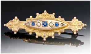 9ct Gold Bar Brooch Set With Seed Pearl And Sapphires. Wire Work And Bauble Decoration, Glazed